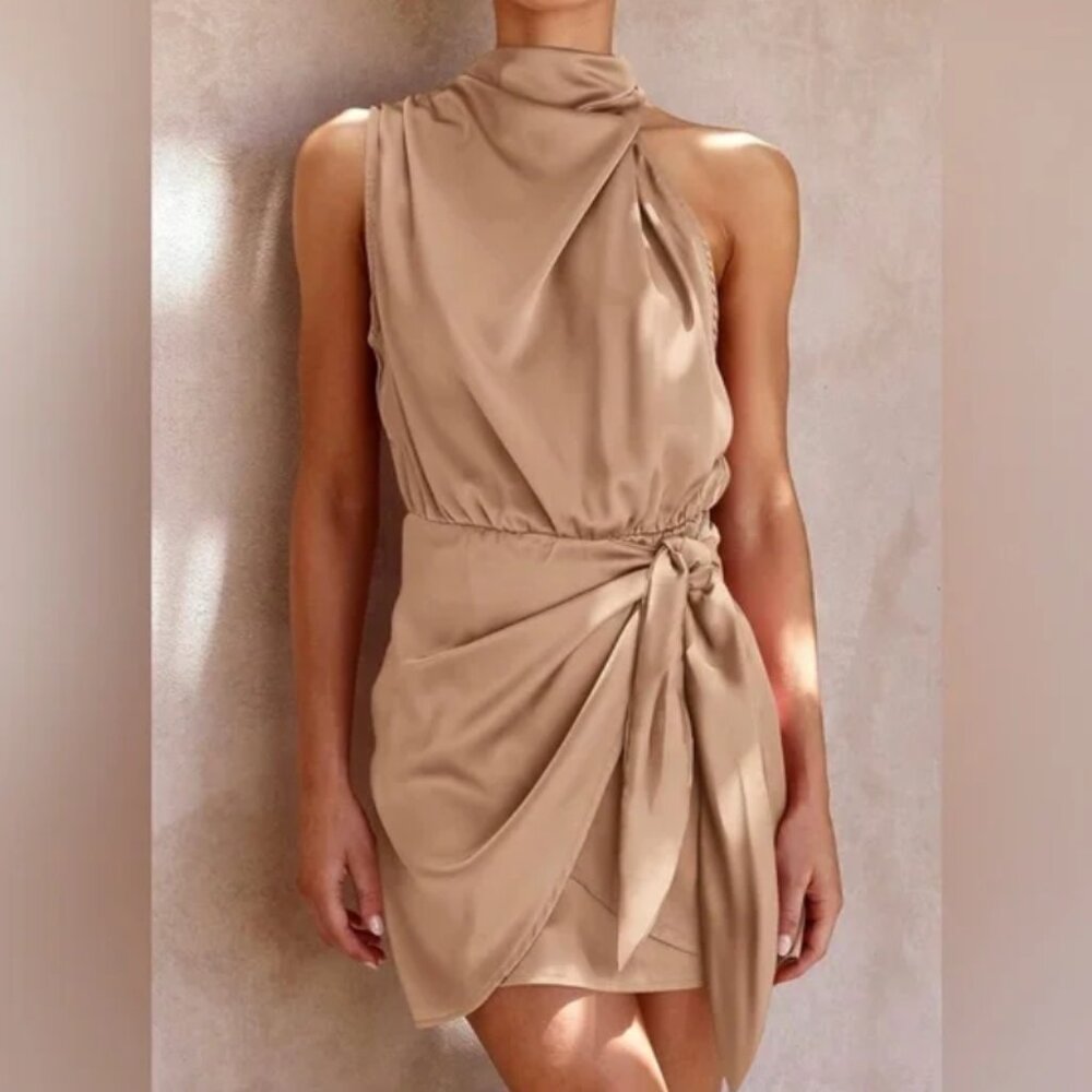 Pretty Garden Women's Sleeveless Mock Neck Satin Tie Waist Dress - Size L
